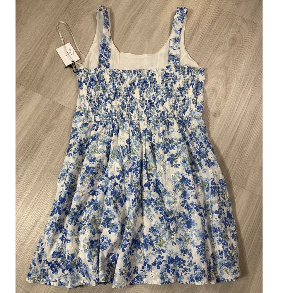 Japna Blue White Floral Eyelet Cotton Mini Dress Smocked Back NWT Size L - Picture 7 of 9